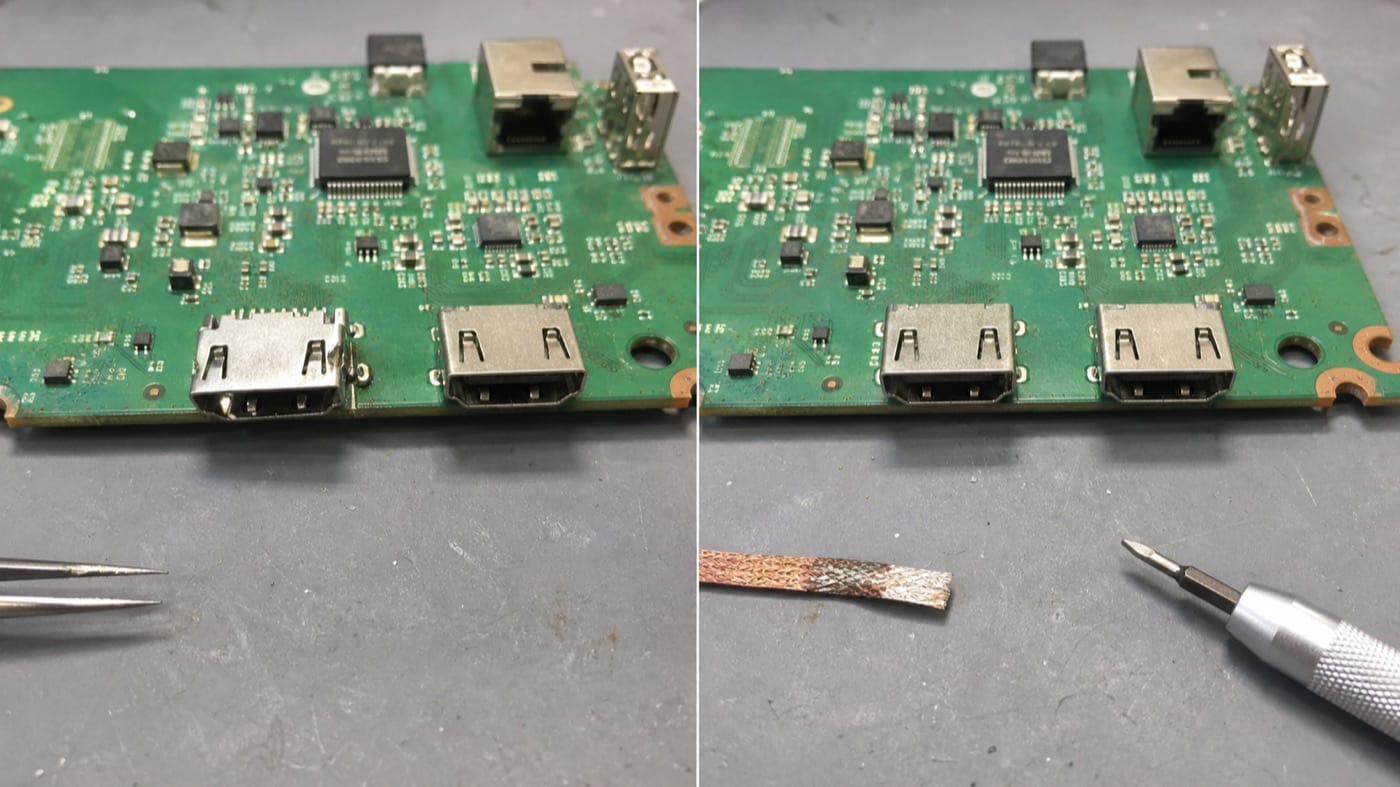 Повреждённый HDMI-разъём до и после ремонта