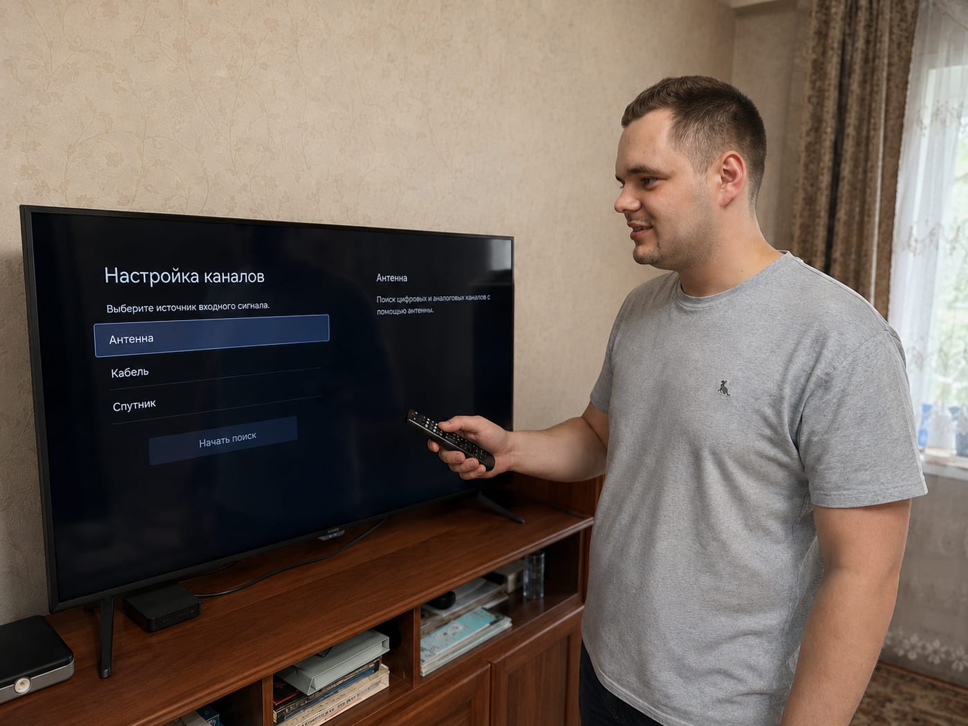 Виталий Новиков настраивает телевизор у клиента в Хабаровске